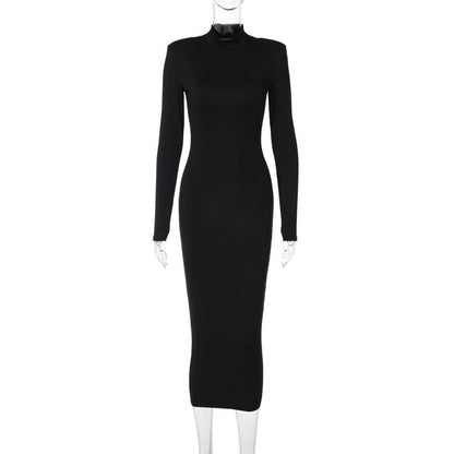 Women Clothing Autumn Solid Color Slim High Collar Long Sleeve Dress