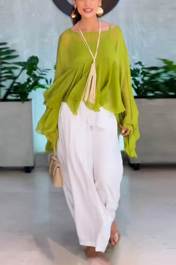 Romantic Journey Chiffon Ruffle Batwing Sleeve Top and Elastic Waist Pocket Loose Pants Set