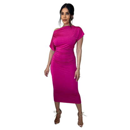 Women Clothing Popular Solid Color Pleated Slim-Fit Oblique Shoulder Dress