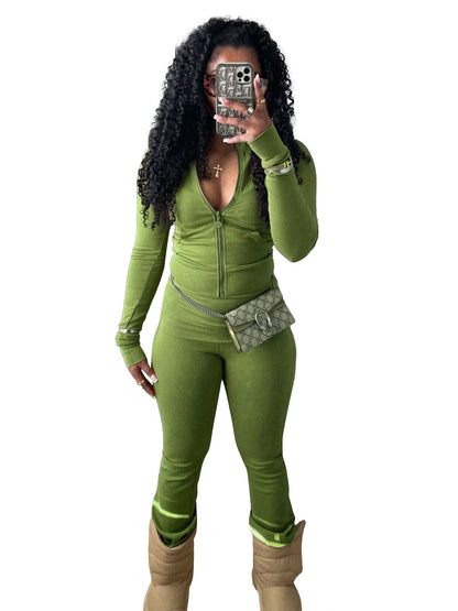 Women Clothing Sports Casual Tight Zipper Low Waist Fold Slightly Flared Fleece Lined Two Piece Sets
