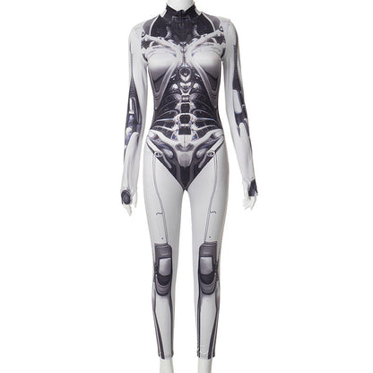 Mechanical Printing Half Turtleneck Long Sleeve One Piece Trousers High Elastic Tights Women Clothing