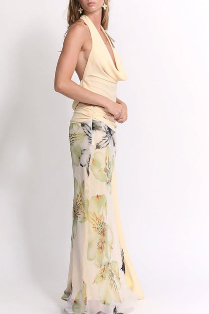 Beautiful Statement Cowl Neck Halter Tank and Floral Ruched Waist Slit Maxi Skirt Set