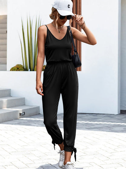 Spring Summer Solid Color Casual Hem Slit V neck Lace up Jumpsuit Trousers