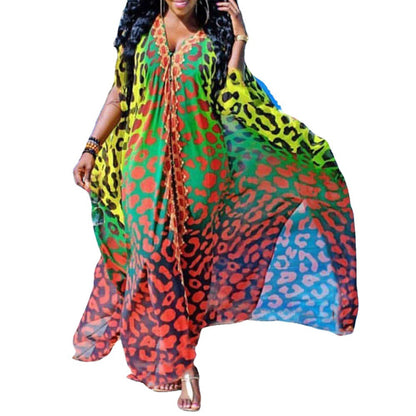 Spring New African Summer Chiffon Elegant Floor Length V neck Single Breasted Dress Plus Size