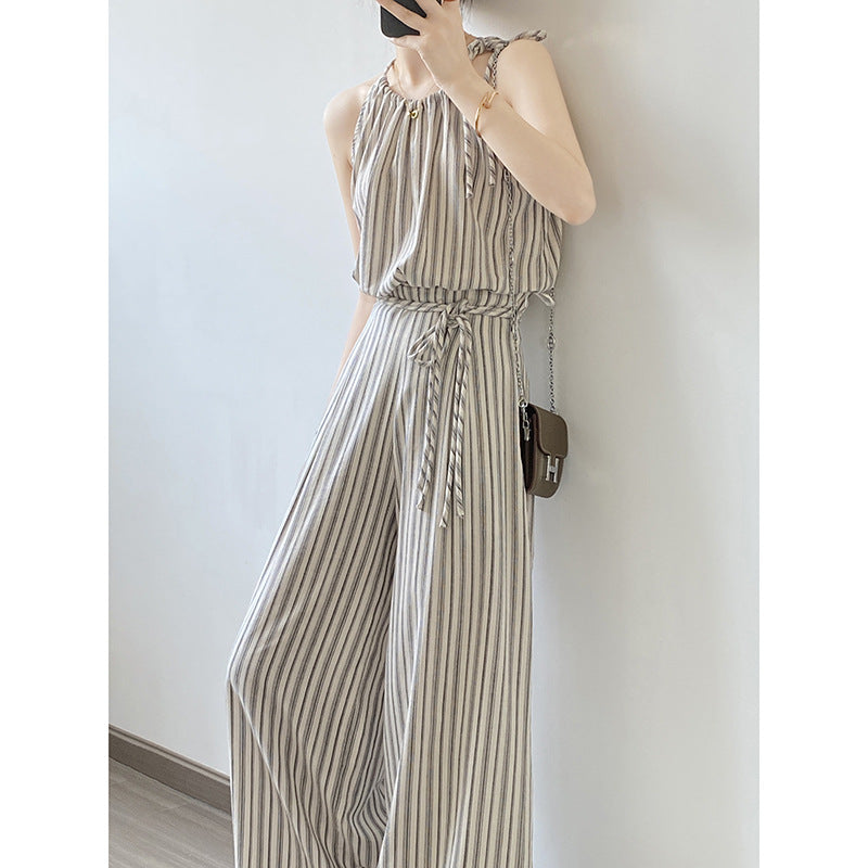 Retro Casual Striped Suit Women Summer Suspender Top Wide Leg Pants Two Piece Set