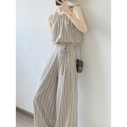 Retro Casual Striped Suit Women Summer Suspender Top Wide Leg Pants Two Piece Set