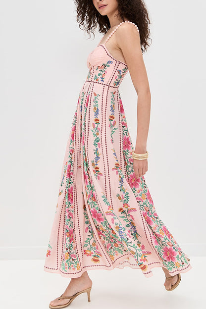 Linen Blend Delicate Forest Unique Print Sweetheart Neck Beaded Straps Maxi Dress