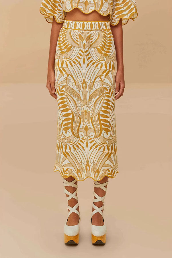 Korra Linen Blend Unique Print Wave Trim Bell Sleeve Top and Elastic Waist Pocket Midi Skirt Set