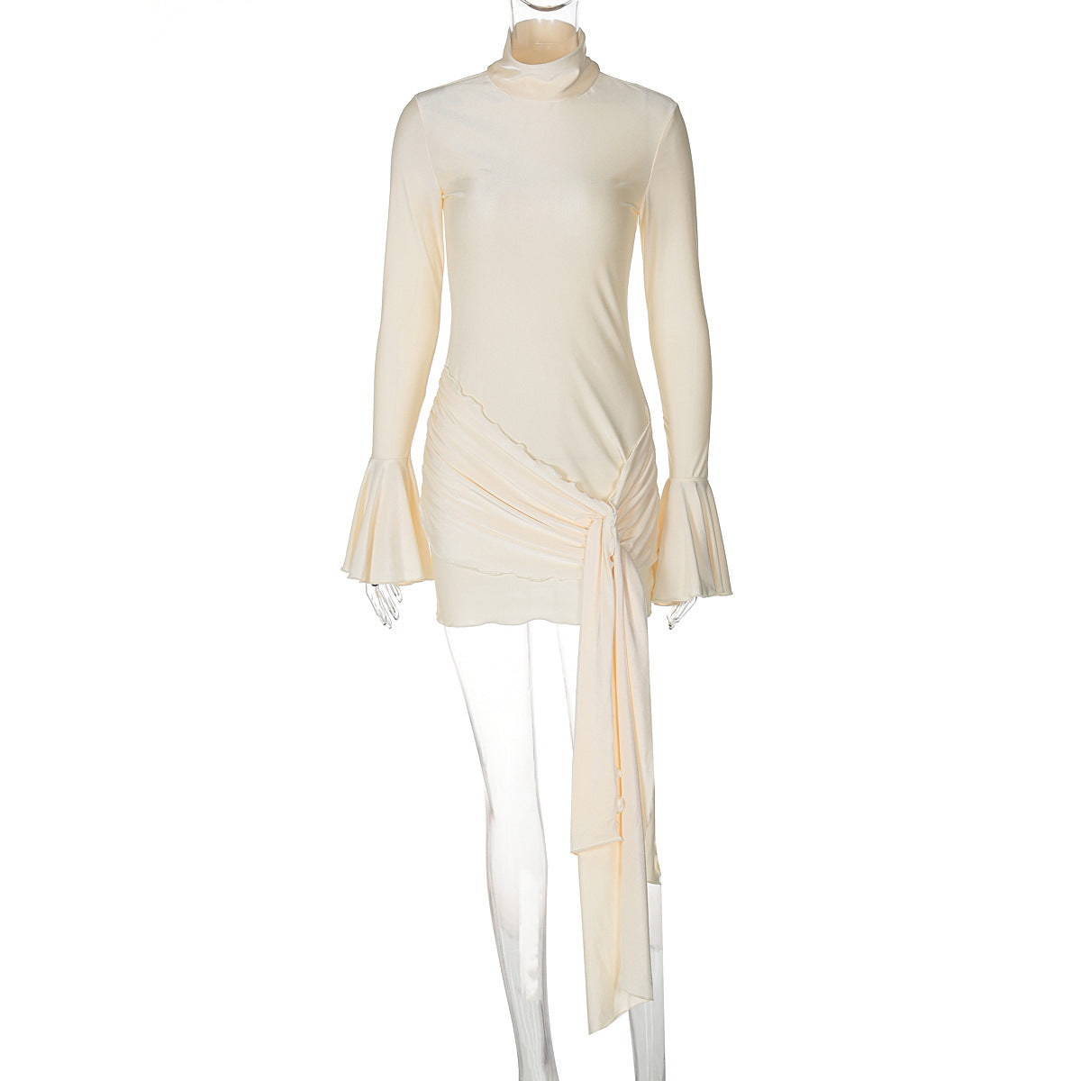 Women Clothing Autumn Solid Color Half Collar Bell Sleeve Sexy Tight Hip