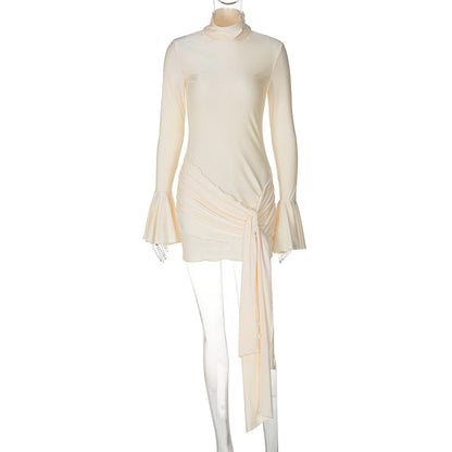 Women Clothing Autumn Solid Color Half Collar Bell Sleeve Sexy Tight Hip
