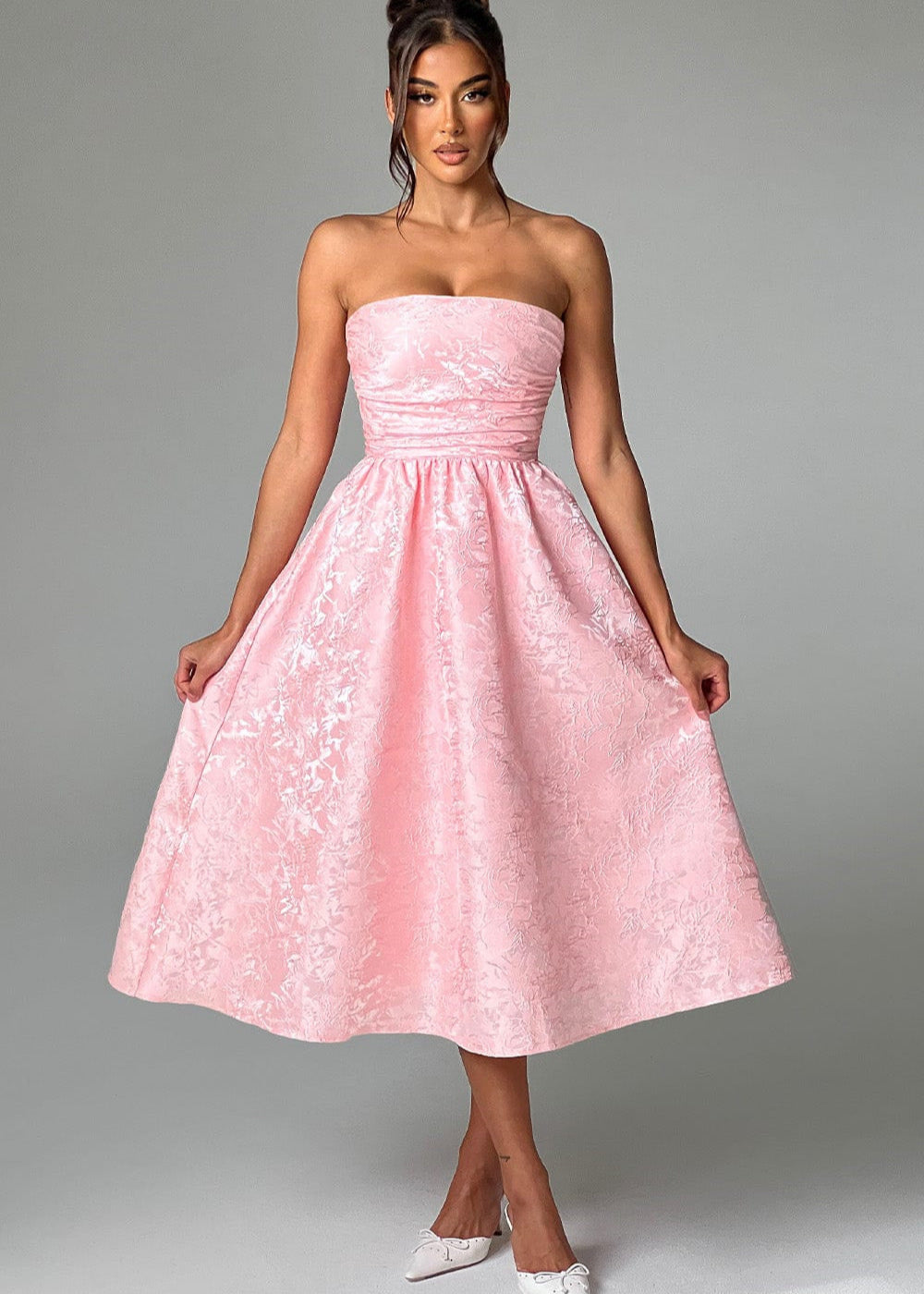 Blush Rosette – Strapless Jacquard Midi Dress with Corset Back