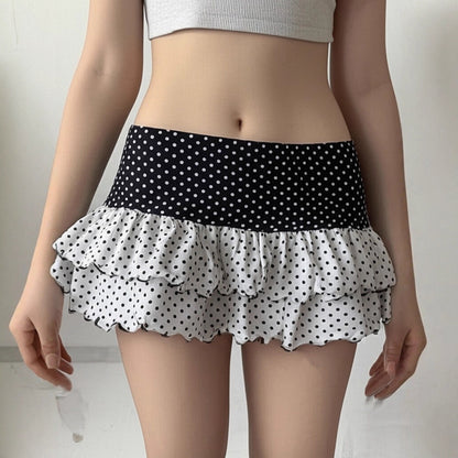 Polka Dot Patchwork Color Block Cute Tiered Slim Mini Skirt