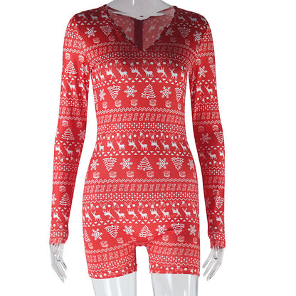 Women Autumn Winter Home Christmas Grid Printing Long Sleeve Shorts V neck Sexy Casual Jumpsuit