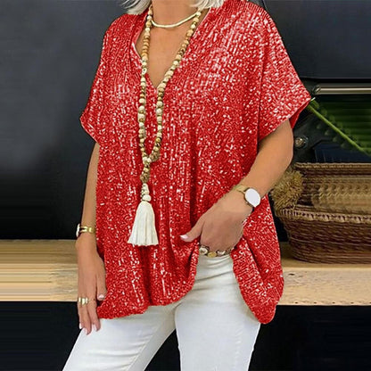 Short Sleeve Urban Casual Color Loose Pullover Sequined V neck T shirt Top Women Clothing