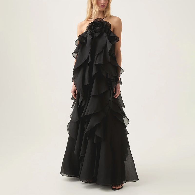 Free - Flowing Rose Detail Tiered Ruffles Halter A-line Maxi Dress