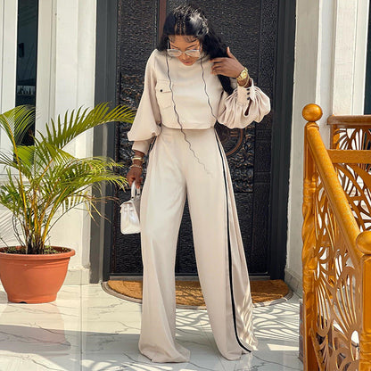 Women Clothing Spring Loose Mock Neck Long Sleeve Top Wide Leg Pants Casual Suit