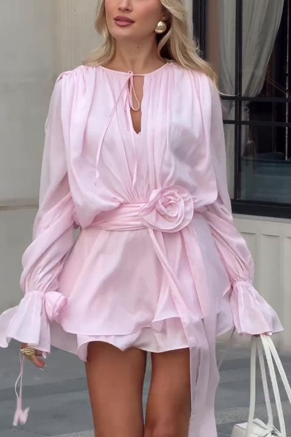 Solid Color Long Sleeve V-Neck Lace-Up Elegant Flower Decorated Mini Dress