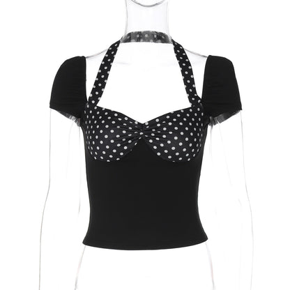 Women Clothing Spring Summer Halter Short Sleeve Backless Top Polka Dot Stitching T shirt Top