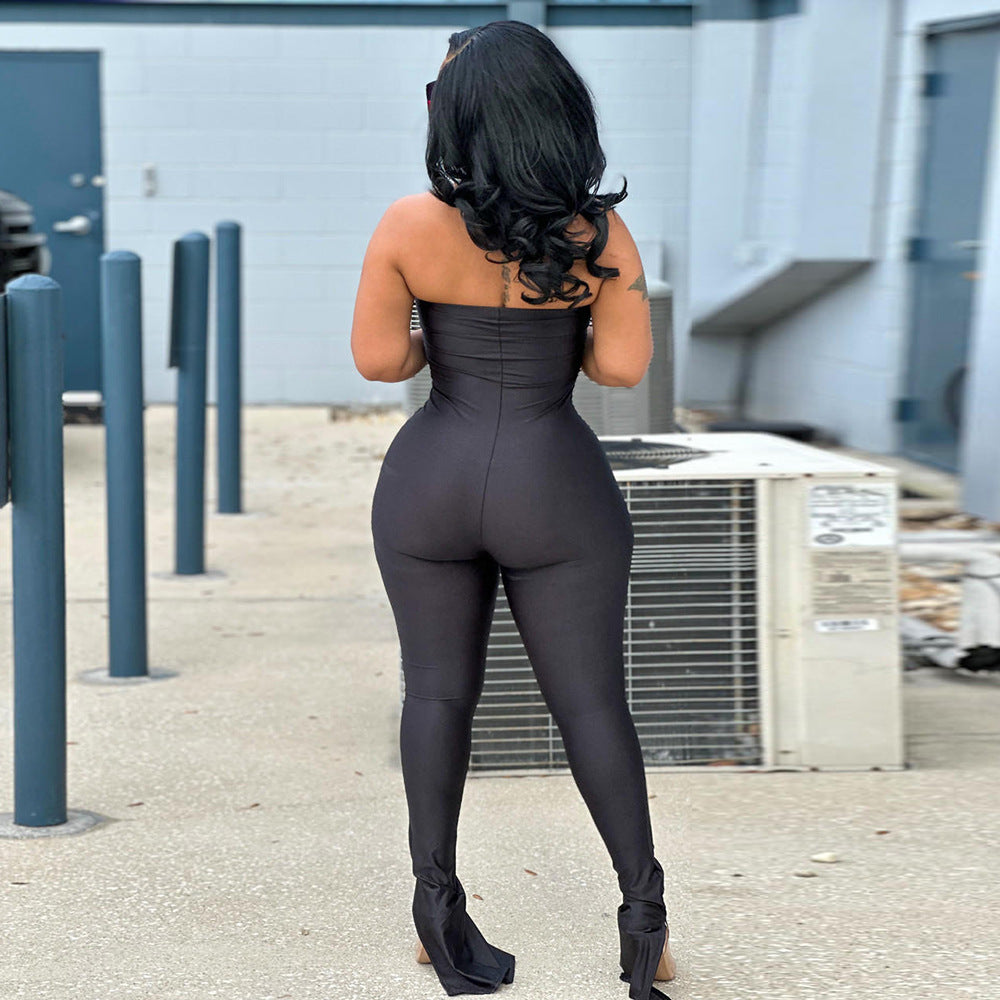 Women Clothing off Neck Stitching High Elastic Slit Slim Fitting Jumpsuit