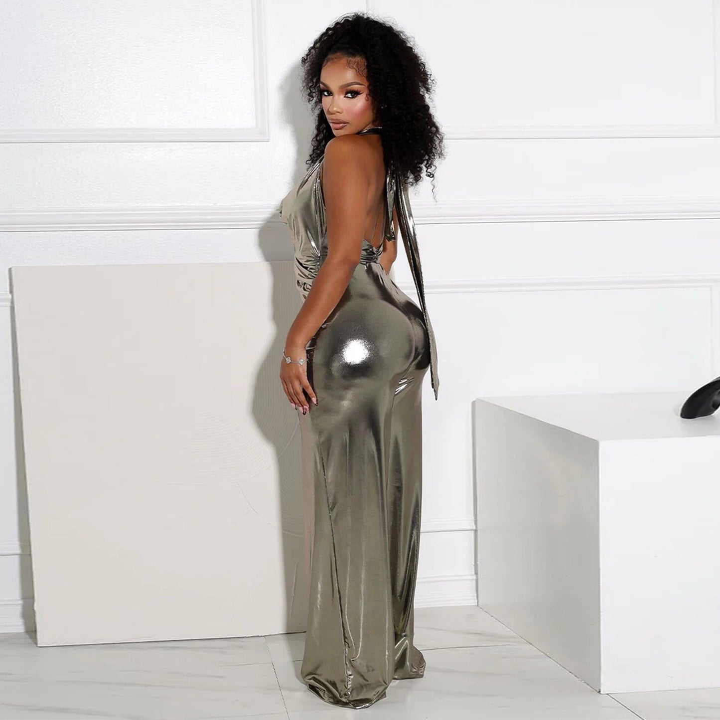 Women Clothing Swing Collar Halter Backless Wide Leg Jumpsuit Women