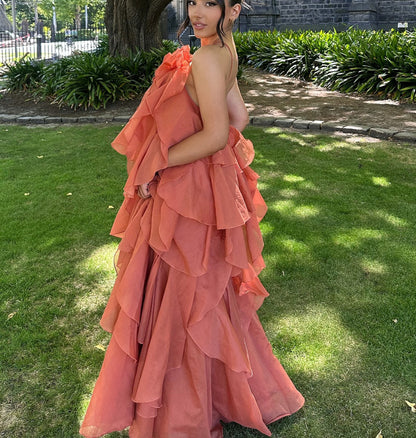 Free - Flowing Rose Detail Tiered Ruffles Halter A-line Maxi Dress