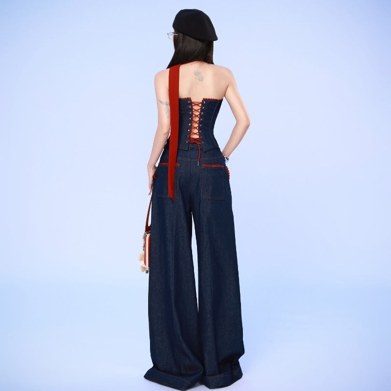 Ins Style 2025 Autumn New Fashion Trendy Denim Bandeau Vest Women Loose Wide Leg Long Pants Set Suit