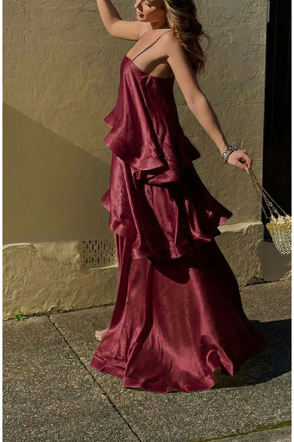 Soft and Smooth Satin Tiered Slip Square Neck A-line Maxi Dress