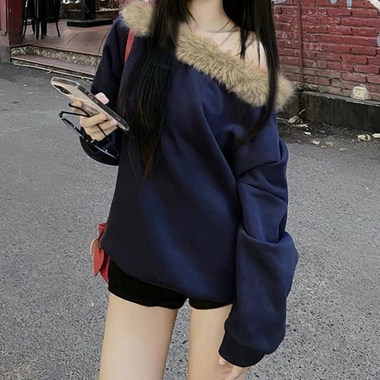 Street Furry Stitching Personality Diagonal Collar Loose Sweatshirt Sexy Sexy off Shoulder Casual Long Sleeves