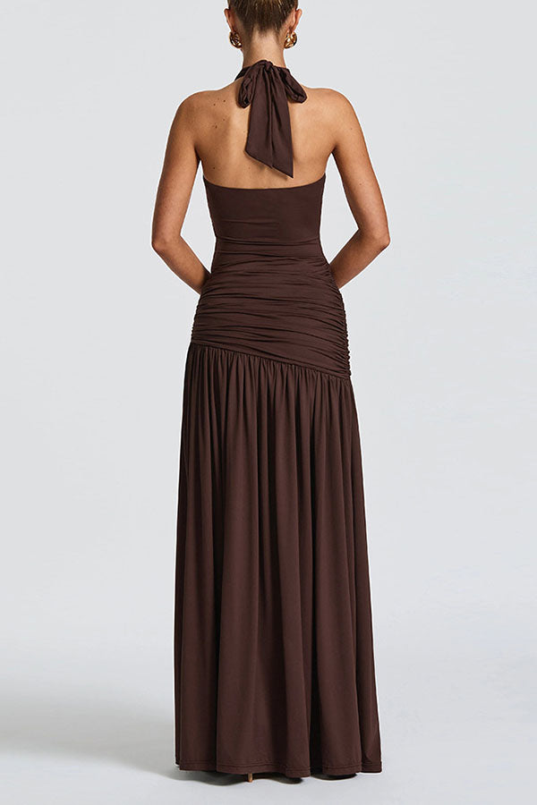 Solid Color Halter Neck Backless Slim Fit Pleated Slit Maxi Dress