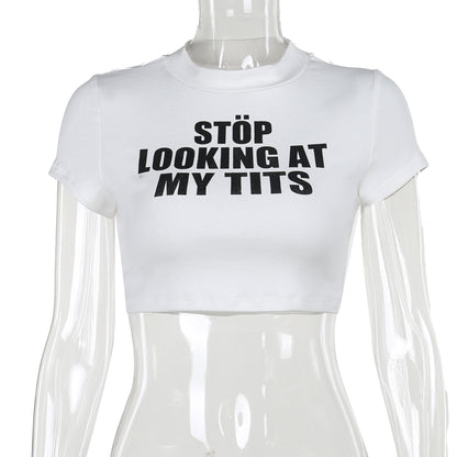 Autumn Sexy Cropped T shirt Casual Slim Fit All Match Letters Printed Minicoat Women Clothing