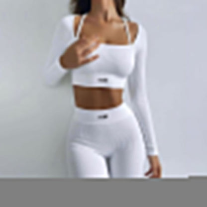 Solid Color Knitted Letter Graphic Body Hugging Set round Neck Long Sleeve Short Top High Waist Skinny Leggings Two Piece Set Women