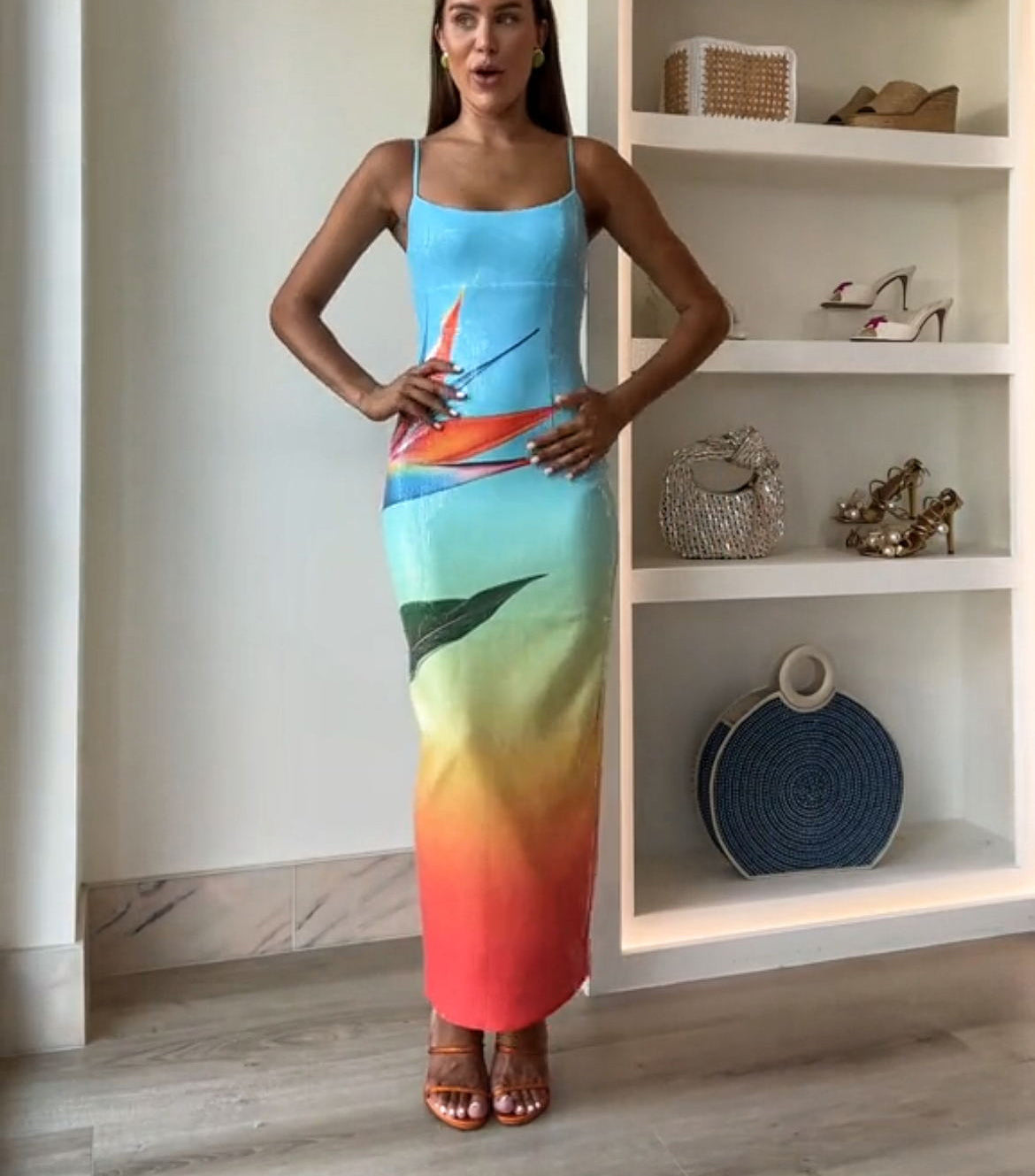 Dreamy Dreamy Sequin Unique Floral Gradient Print Slit Stretch Maxi Dress(Shipped within 24 hours)