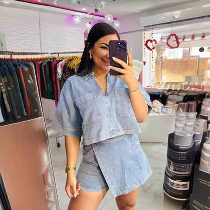 Comfort Casual Denim Women Summer Loose Slimming Polo Short Sleeve Shirt Irregular Asymmetric Pantskirt Two Piece Set