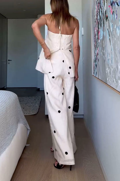 Linen Blend Polka Dot Bandeau Top and Elastic Waist Pocket Wide Leg Pants Set