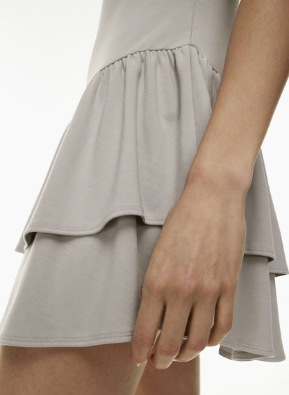 Ruffled Embellished Plain Weaving Knitting Solid Color Boat Neck Dress