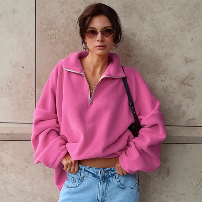 Autumn Winter Pink Collared Fleece Sweatshirt Women Lamb Wool Tops