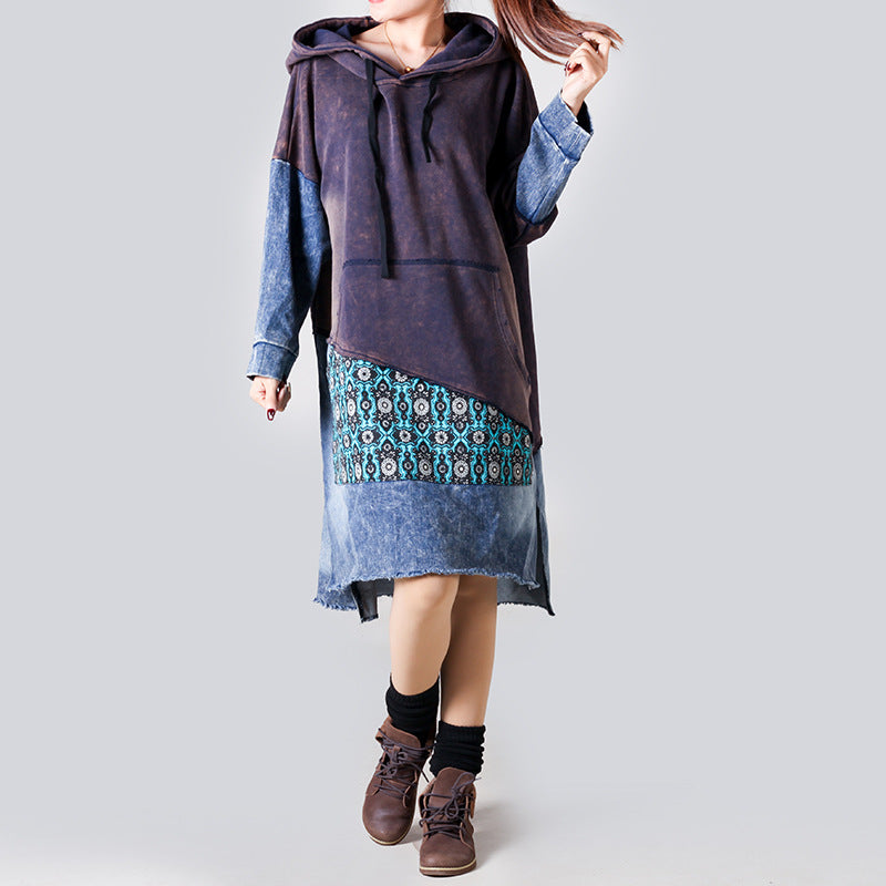 Patchwork Hooded Sweater Mid Length Women Retro Slimming Printed Casual Pullover