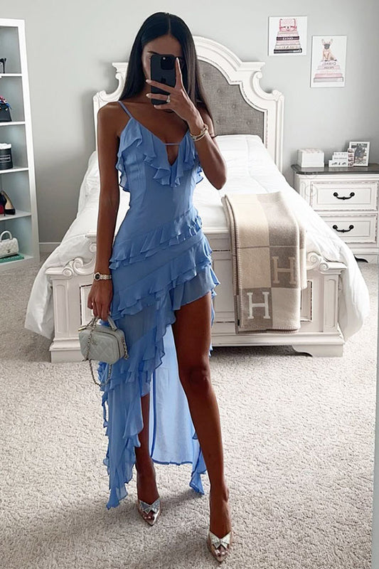 Sexy V-neck Ruffle Irregular Solid Color High Split Layered Dress