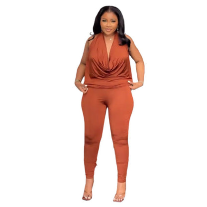 Solid Color Stretch Halter Backless Top Trousers Two Piece Set