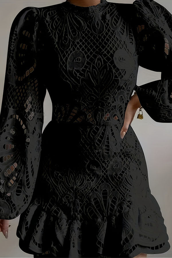Solid Color Hollow Long-sleeved Waisted Lace Mini Dress