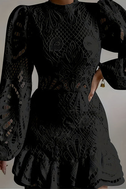 Solid Color Hollow Long-sleeved Waisted Lace Mini Dress