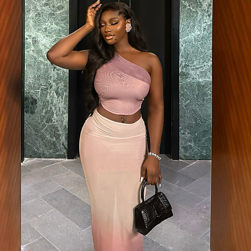 Fresh Women Clothing Cropped Sheath Tight Gradient Color Skirt Set Diagonal Collar Micro Transparent Dress Two Piece Set