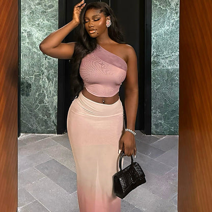Fresh Women Clothing Cropped Sheath Tight Gradient Color Skirt Set Diagonal Collar Micro Transparent Dress Two Piece Set