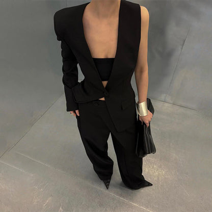 Personalized Set Women Spring Summer Street Irregular Asymmetric Top High Waist Wide Leg Pants Two Piece Sets