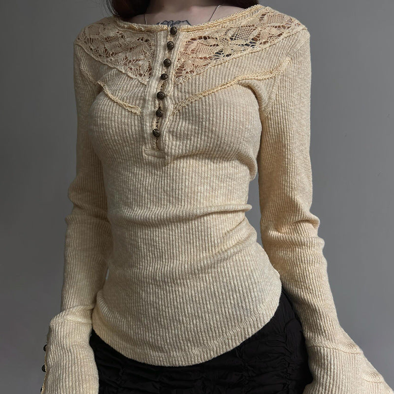Autumn Winter Women Clothing Internet Lace Stitching Split Breasted round Neck Slim Fit Base Long Sleeve T shirt for Women