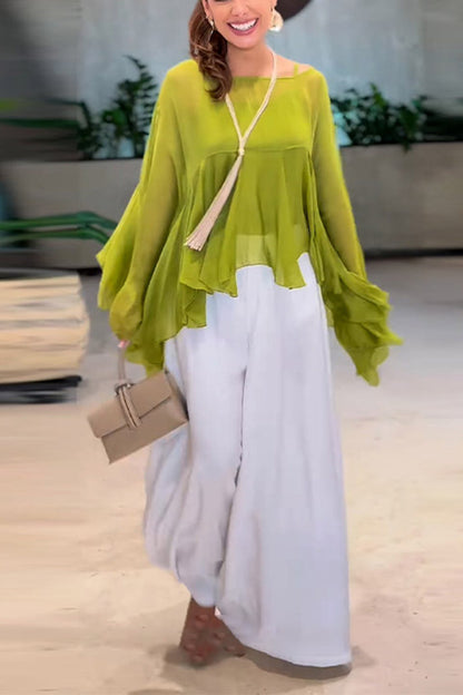 Romantic Journey Chiffon Ruffle Batwing Sleeve Top and Elastic Waist Pocket Loose Pants Set