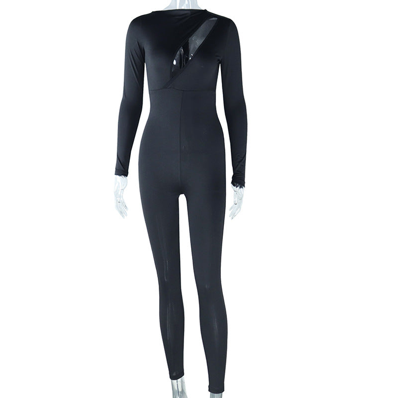 Solid Color Sexy Cutout Sexy Long Sleeve Skinny Hip Raise Fitness Jumpsuit Trendy Women