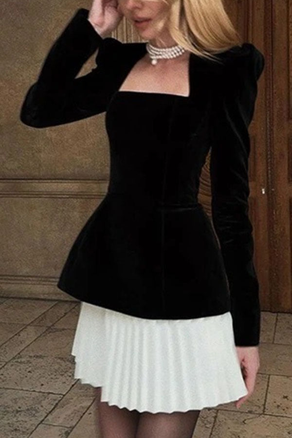 Netta Velvet Square Neck Long Sleeve Back Pearl Detail Pleated Mini Dress