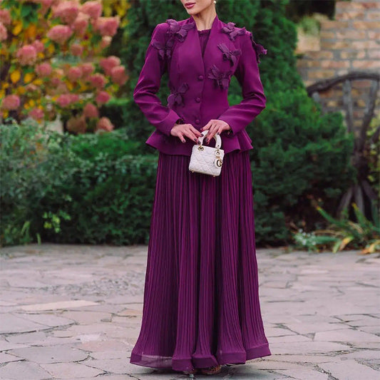 Autumn Winter Elegant Office Loose Three Dimensional Floral Ruffled Long Sleeve Skirt Two Piece Sets