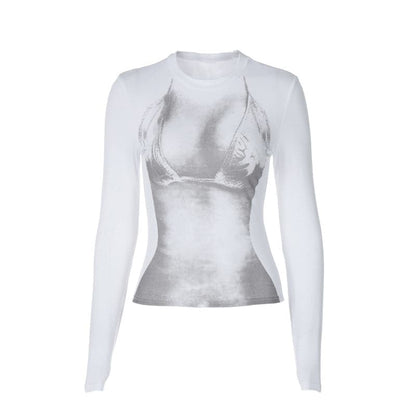 Long sleeve contrast body print crewneck top  | Festival Outfits Women